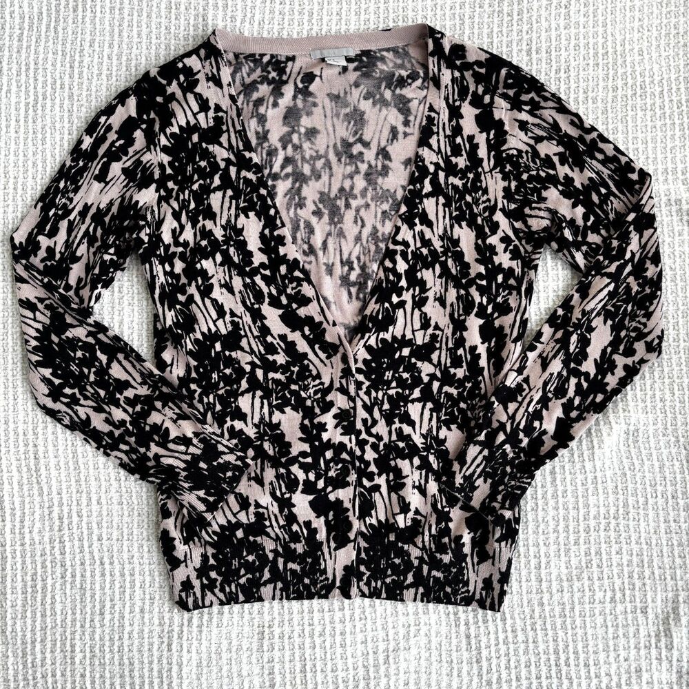 H&M Beige Black Abstract Floral Print V Neck Knit Cardigan Sweater M‎ Whimsigoth